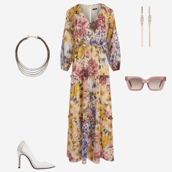 NWT Express XL Multi Floral V-Neck Long-sleeve Tiered Ruffle Maxi Dress - Picture 3 of 6